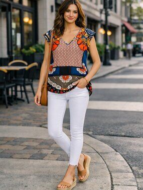 Express Mixed Print V-Neck Zip Back Blouse Top - Size XS